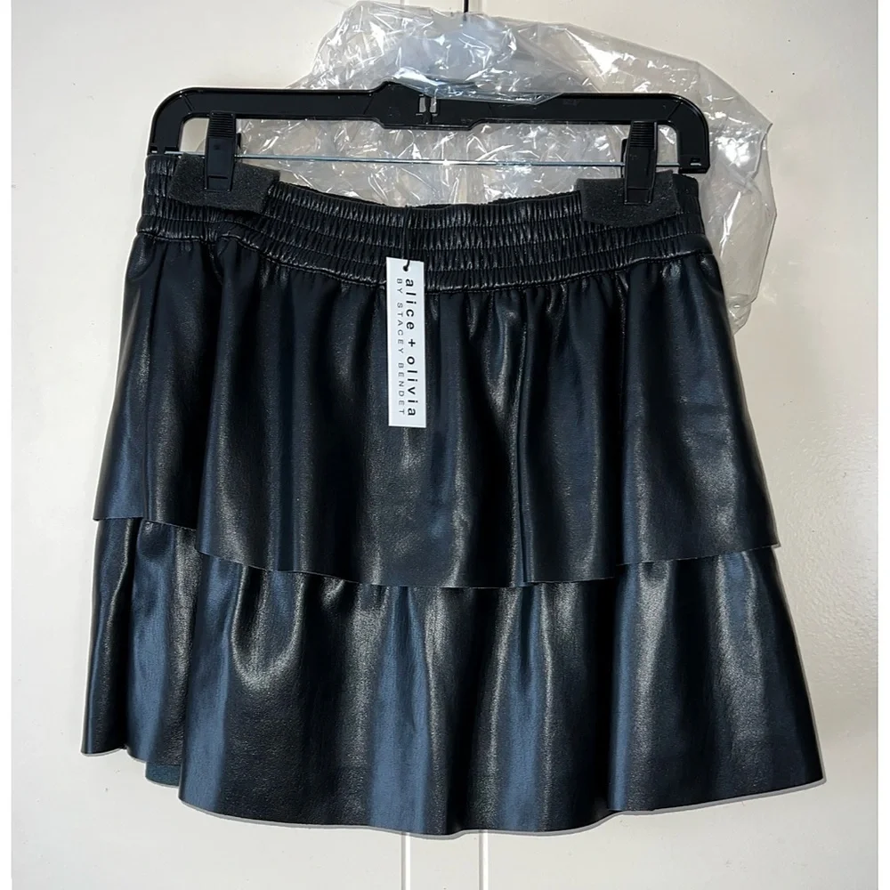 Alice + Olivia Jia Black Vegan Leather Tiered Mini Skirt